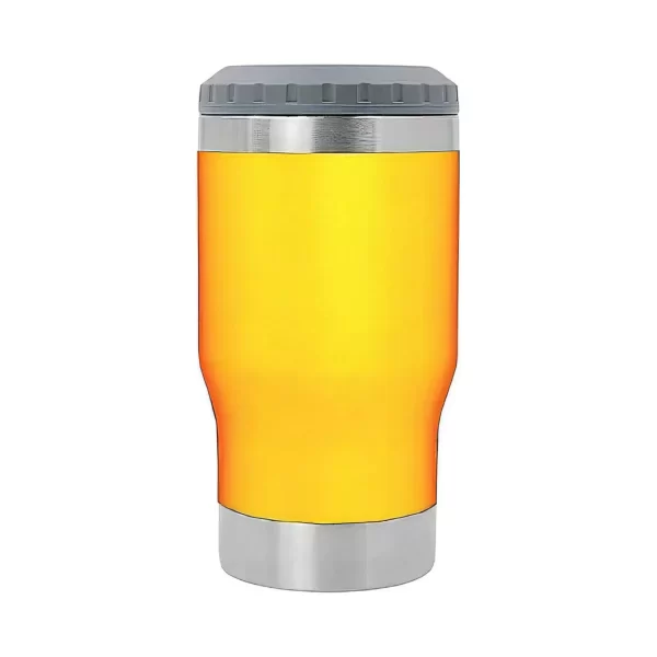 Copo Térmico Porta Long Neck - Amarelo - 2 Tampas 420ml - Fundo Abridor de Tampa